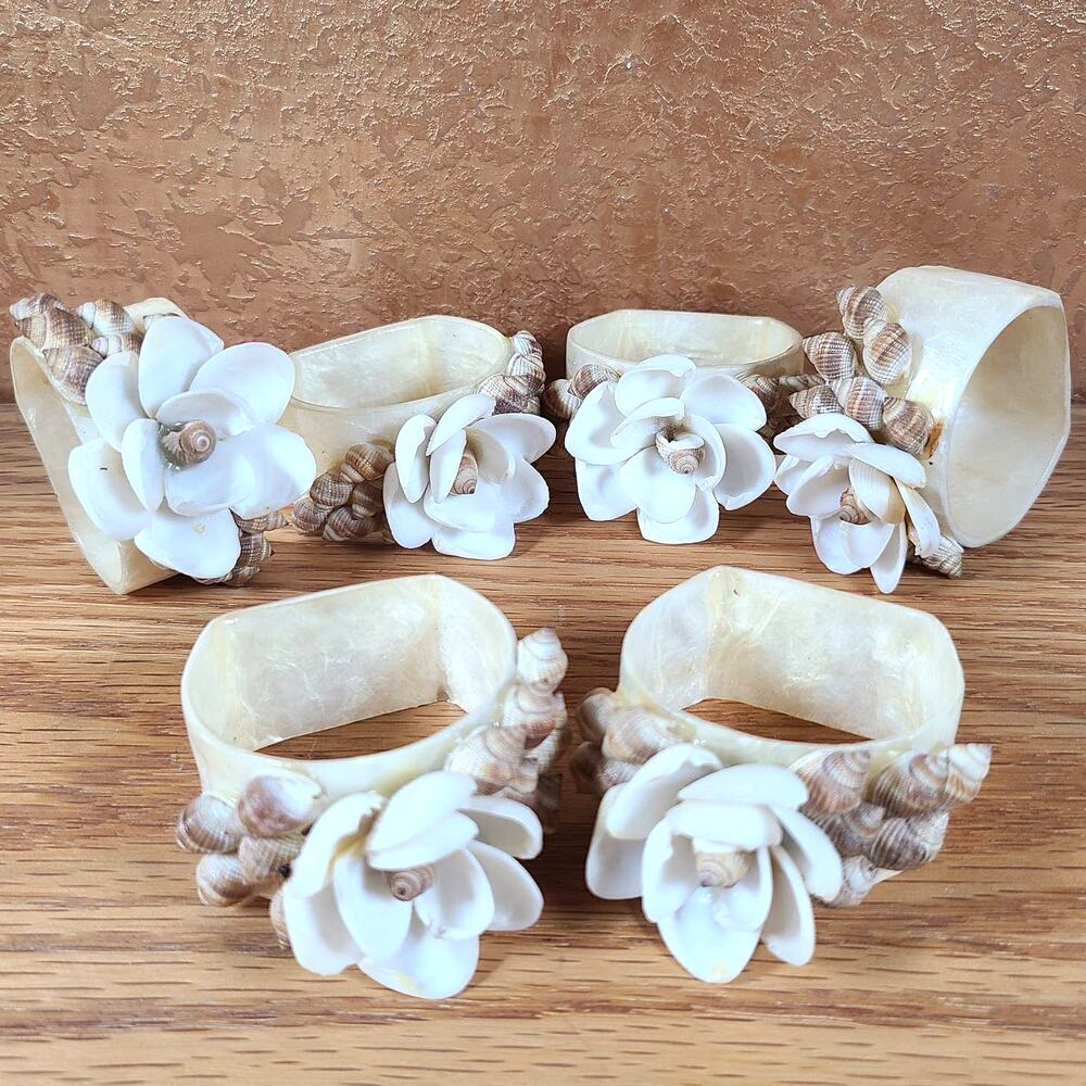 Vintage 70s Capiz Shell Flower Napkin Rings 6 | Coastal Decor | Retro Tableware